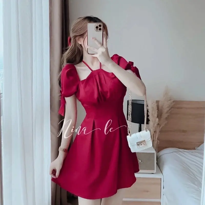 Đầm nữ ôm body tay buộc nơ trễ vai có mút ngực dáng xinh Thời Trang B.Y Tea Clothing Kem Women 4