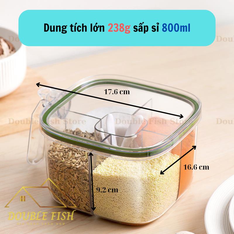 Hộp đựng gia vị 4 ngăn riêng biệt, chống ẩm ướt | Hũ gia vị chia ngăn có nắp đậy kèm thìa tiện lợi HD01 | Double Fish 6