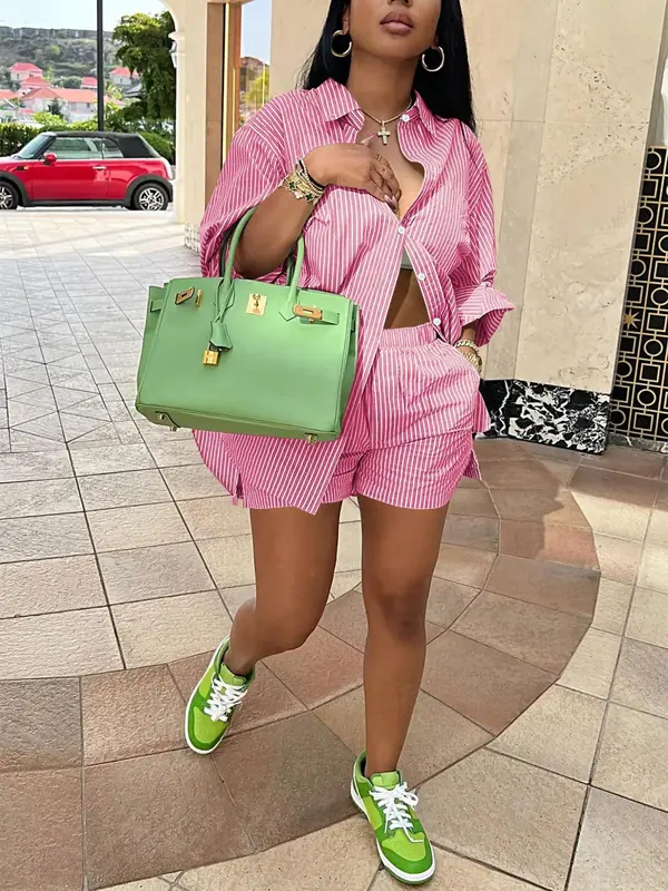 Women's Striped Print Button Shirt & Shorts Set, Casual Short Sleeve Collared Top & Shorts for Daily Wear, Ladies Two-piece Outfits for All Seasons 4
