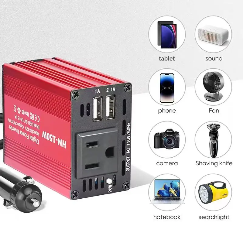 DC 12V to AC 110V Car Power Converter, 150W Portable Car Charger, Multifunctional Charging Socket, Car Conversion Power 3
