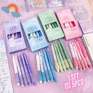 TERMURAH 1 SET 5PCS PULPEN GEL MEKANIK 0.5MM / PEN IN BOX DENGAN BANTALAN LUCU NYAMAN DIGUNAKAN UNTUK MENULIS