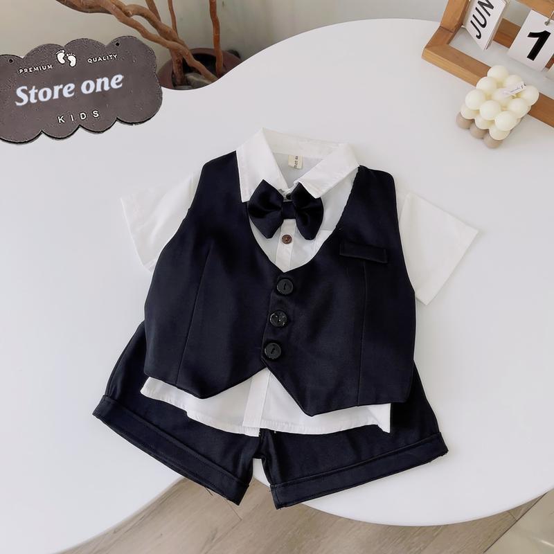 Bộ vest gile kèm áo sơmi và quần gấp gấu cho bé 6-14kg