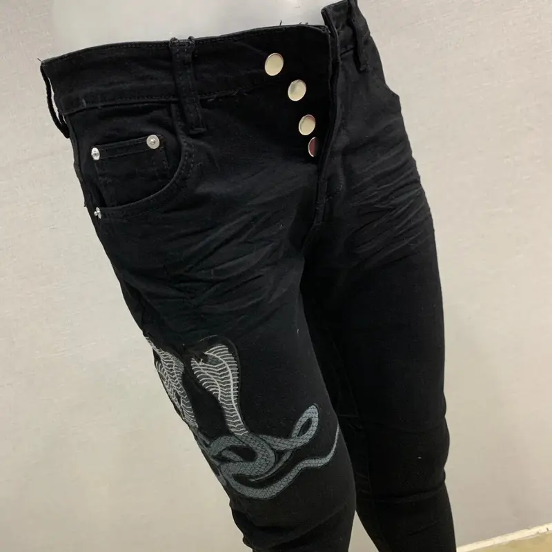 Quần thêu tam thái tử không rách phom aimi bó sát có co giãn Menswear Pants Menswear  Ôm gọn  Jean 7