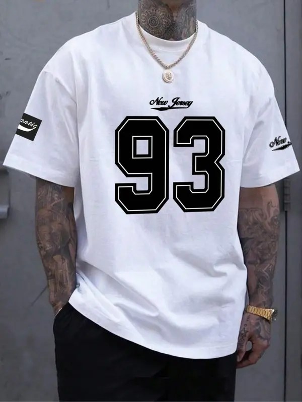 Men's Number 93 & Letter Print Short Sleeve Graphic Tee, Regular Fit Casual Round Neck T-shirt for Summer, Men's Top for Daily Wear 4