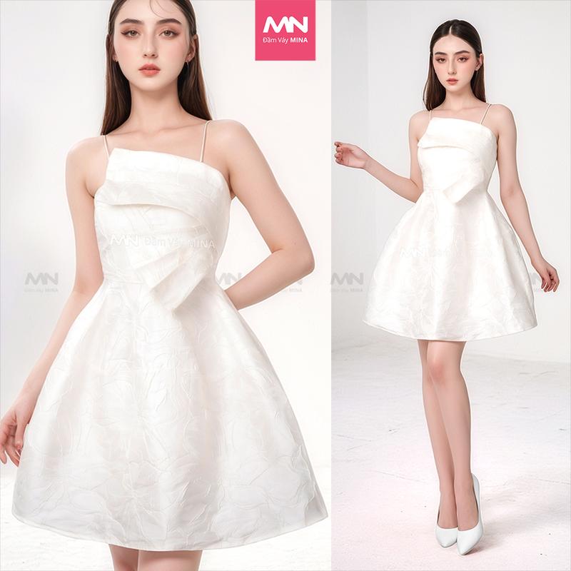 Váy trắng dự tiệc MINA thiết kế hai dây dáng xoè phồng đắp nơ ngực vải gấm sang trọng xinh đẹp MN126 Nữ Women Dress trang