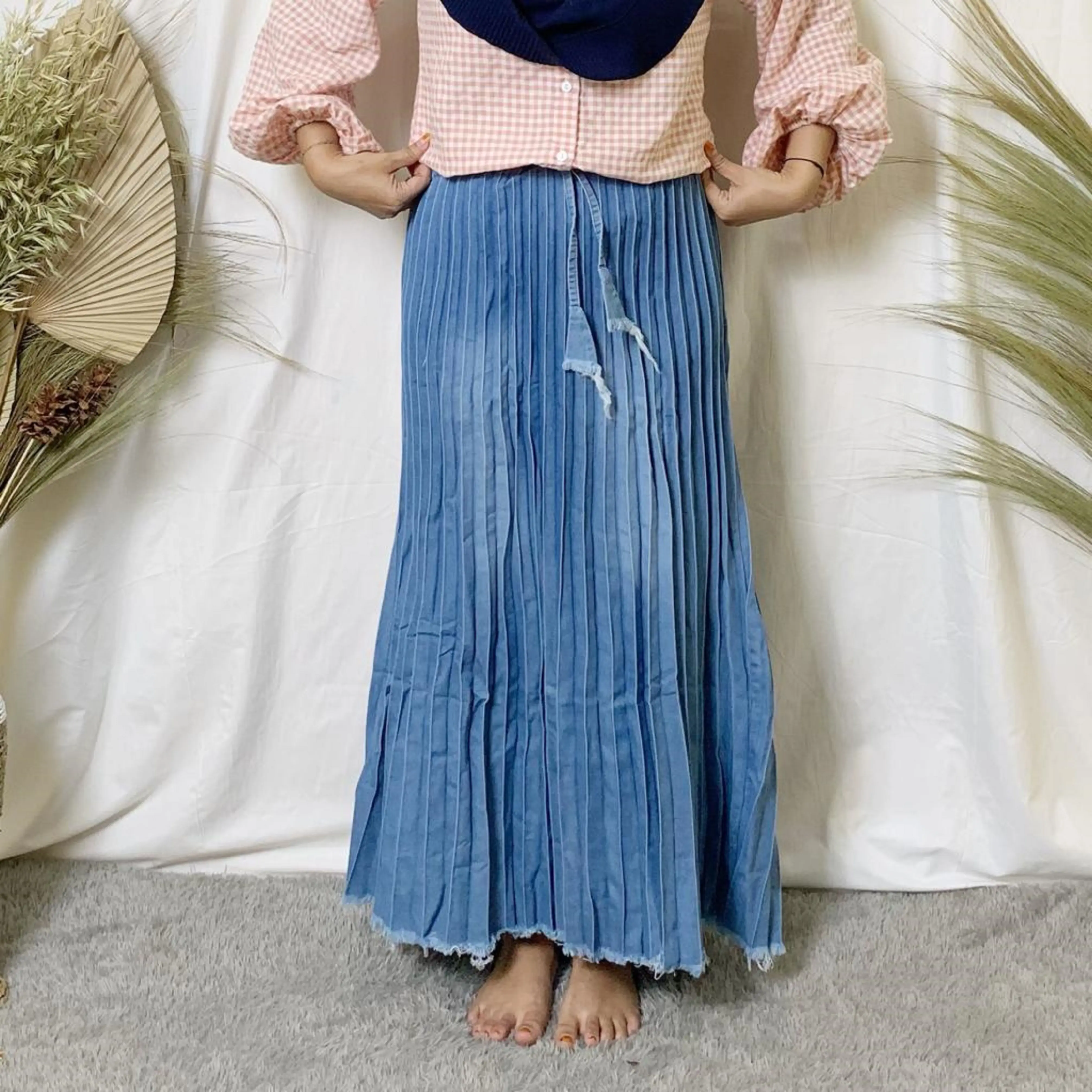 Rok Wanita Panjang denim plisket kekinian korean style Polos