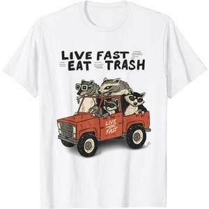 Camiseta blanca con estampado abstracto bidimensional: estilo urbano alternativo, ideal tanto para hombre como para mujer. Divertida camiseta de zarigüeya y mapache. Vive rápido, come basura.