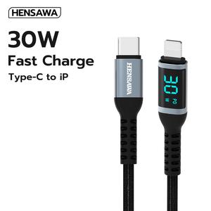 HENSAWA US3109 สายชาร์จเร็ว PD 30W TypeC To L iP สายแสดงผลแบบดิจิตอล สายสำหรับ iP 14 13 12 11 Pro Max Xs Plus สาย Laptop Notebook 27W 20W โอนถ่ายข้อมูลไว ไอโฟน