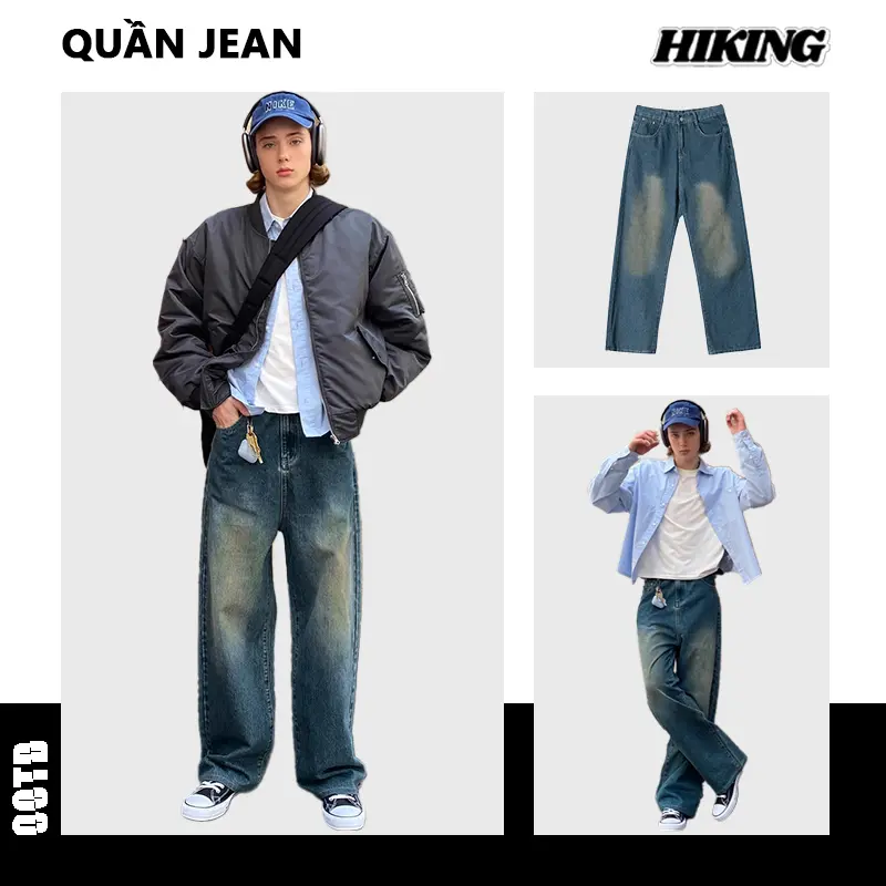 HI.KING Quần jeans nam phong cách Mỹ, cao cấp thoải mái, co giãn tốt, phù hợp cho nhiều dịp, quần jeans rộng M-3XL. 0