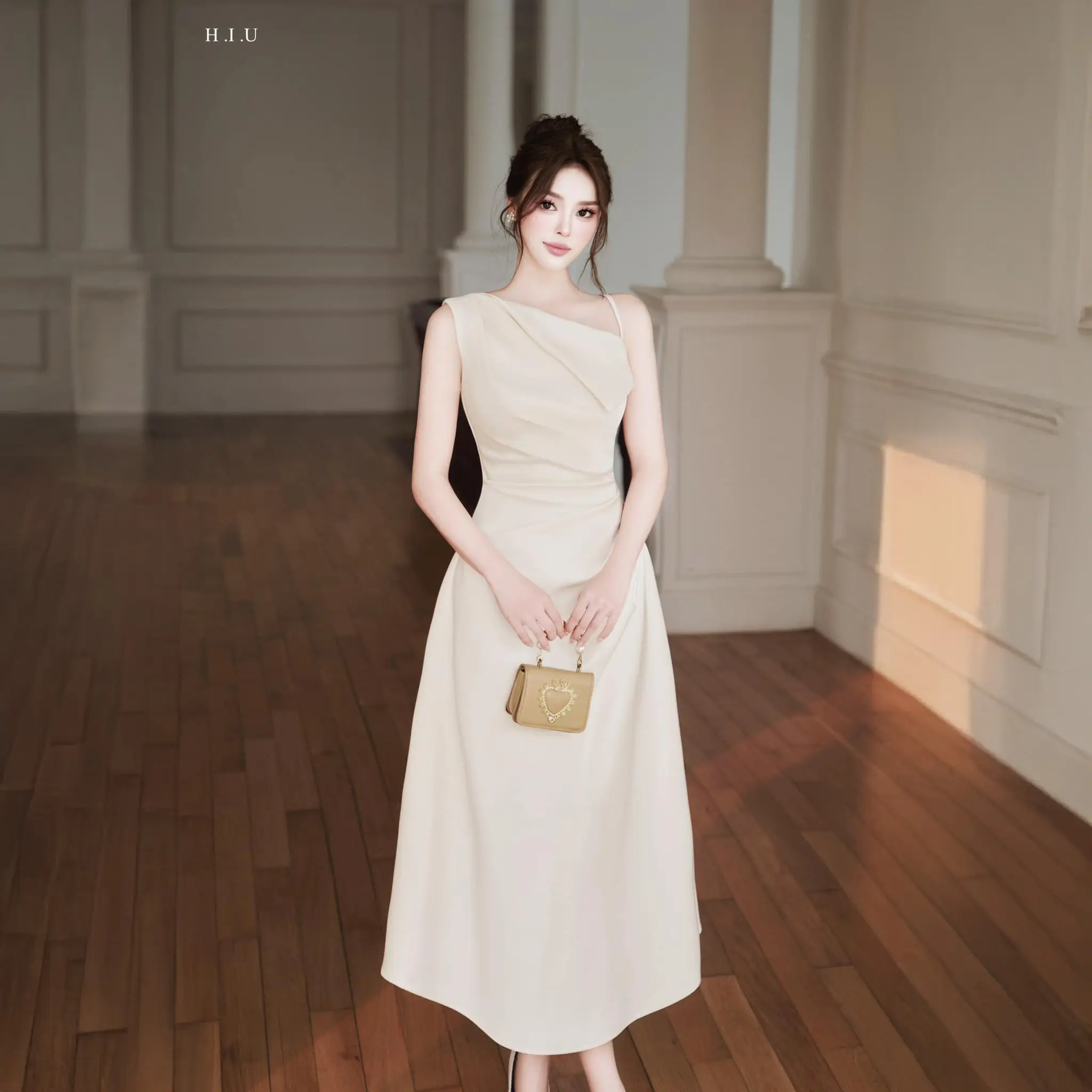 Váy tiệc nữ thiết kế lệch vai Jila dress taffta lụa cao cấp H.I.U Fashion , đầm dáng dài midi sang trọng HIU design