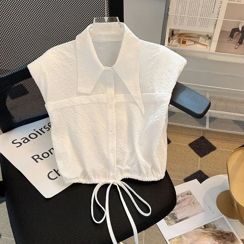 Summer New Loose Casual Irregular Peak Collar Drawstring Waist Waist Padded Sleeveless Shirt Women's Short Top