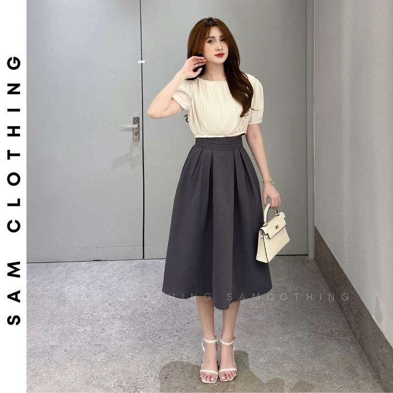 Mua 2 váy tạng 1 Áo BA LỖ Chân váy xoè xếp ly trước sau có túi 2 bên cạp viền mã SA003-CV07 chân váy Nhung Voi Nữ Women Kem Voan Đen
