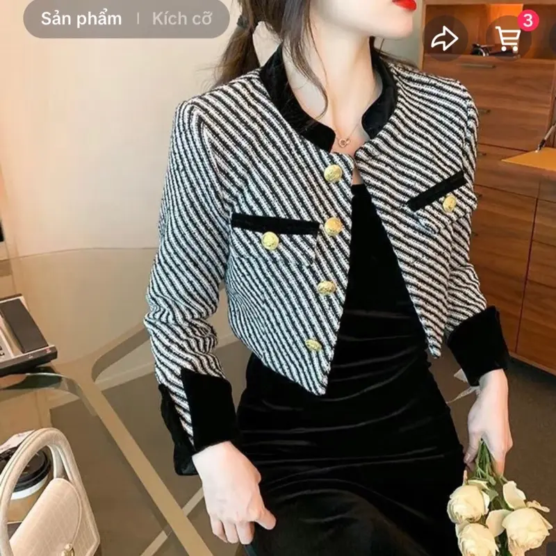 Áo dạ kẻ Cổ tàu phối tay nhung khoác ngắn  cúc đồng áo nữ Công sở sang chảnh 2 lớp có 3 size s 37-42 kg , M 43-50 kg và L 51-57 kg