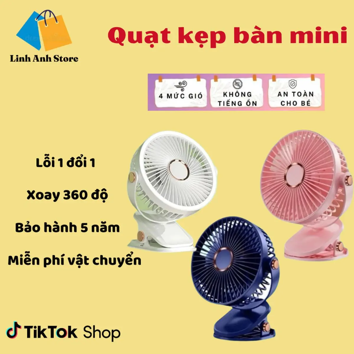 【miễn phí vận chuyển】Quạt tích điện, kẹp-để bàn tiện lợi, thời gian dùng đến 12, 5 mức độ gió Mobile Phụ Kiện Tặng kèm pin và cáp sạc USB