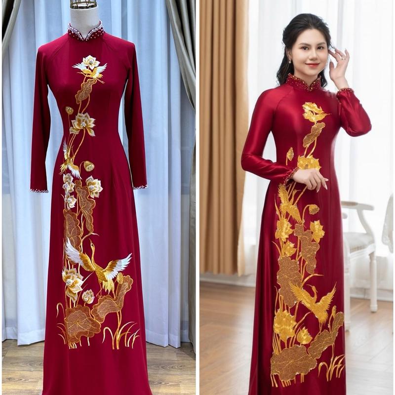  Áo dài mẹ cô dâu đỏ đô chất liệu MANGO CAO CẤP đính Sen và Hạc Áo Dài CELIA VOAN NỮ VÁY CƯỚI ĐẦM CƯỚI 