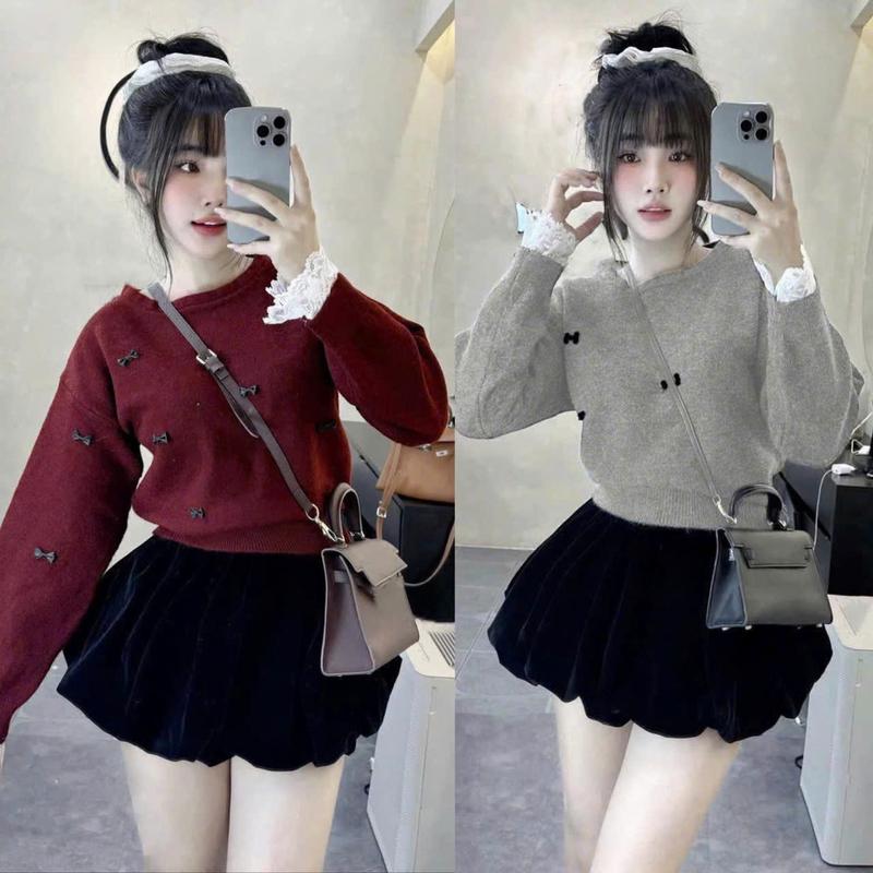 Set Đầm Váy Nữ. Áo Thun Gân Tay Dài Phối Ren Đính Nơ Kèm Chân Váy Nhung Dáng Bí Women Top