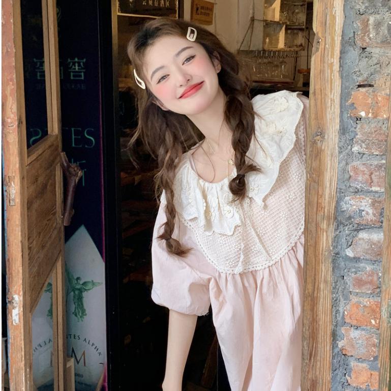 Áo sơ mi nữ cổ viền búp bê thêu hoa hồng nhạt, sơ mi nữ kiểu tay ngắn phồng phong cách dễ thương 5515 3
