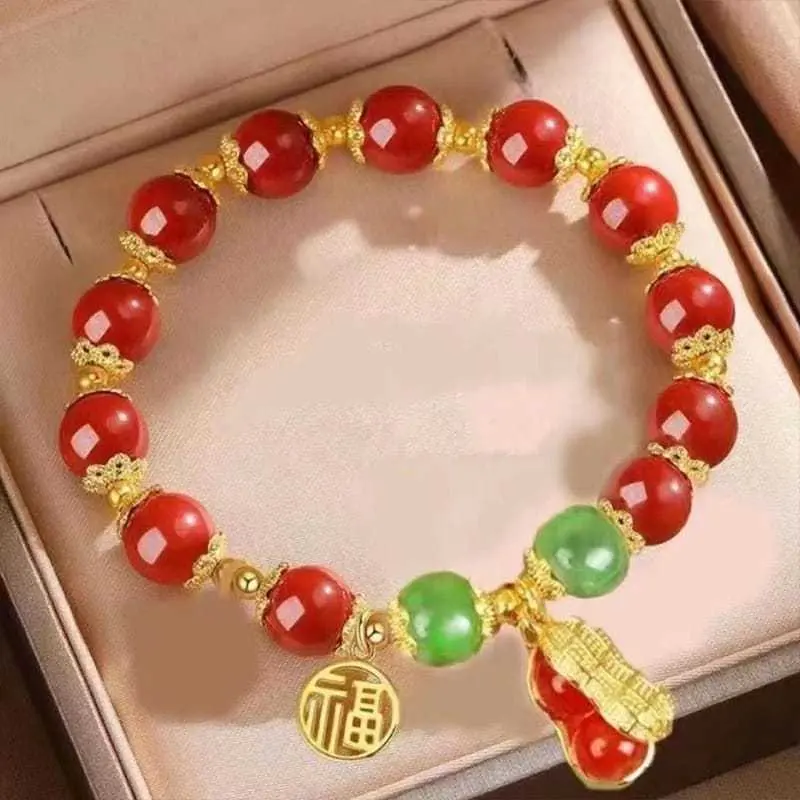 Gelang Tangan Keberuntungan Manik-Manik Giok Motif Kacang Cantik