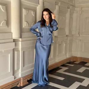 Baju Satin Lengan Panjang V-leher, Mewah, Ketibaan Baru, Sut Fesyen Skirt Ayunan Besar