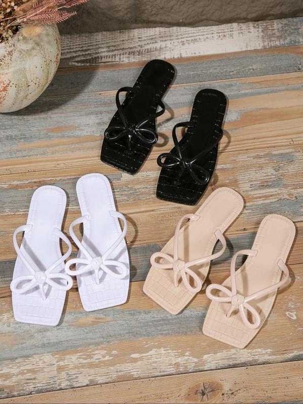 Women's Bow Decorated Flip Flops, Casual Comfortable Non-slip Soft Sole Square Toe Slippers for Summer, All-match Simple Plain Slippers for Indoor & Outdoor Wear, Footwear 1
