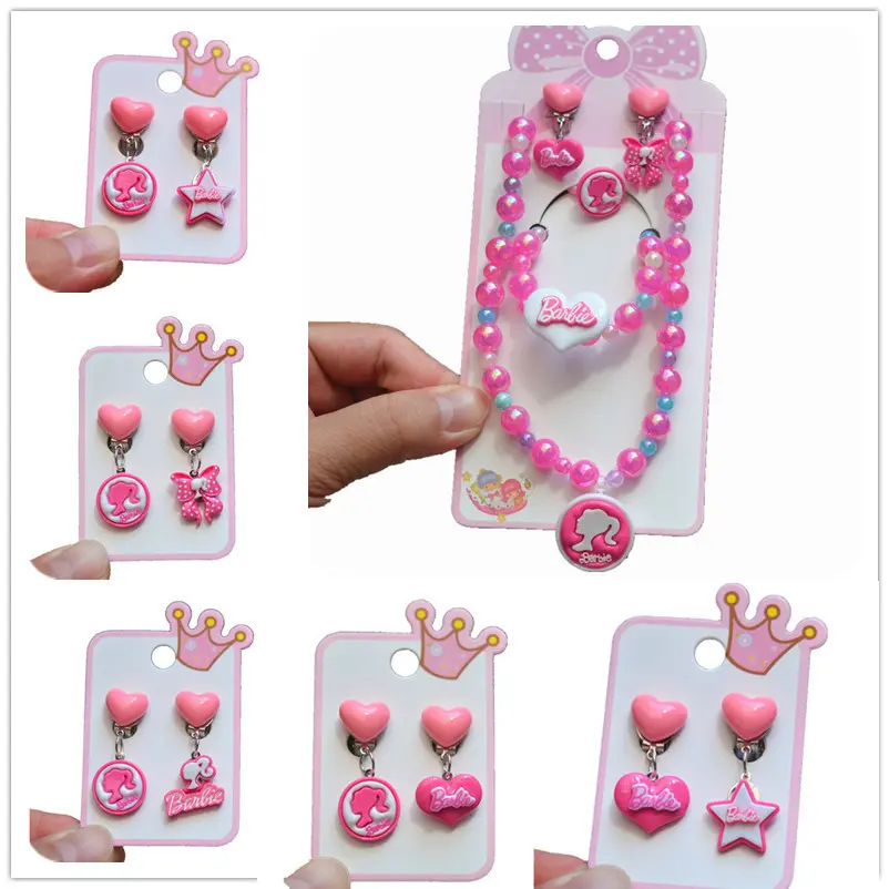 Cartoon Barbie Princess Girls Kids Children Love Princess Necklace Bracelet Ear Clips and Ear Studs Suit