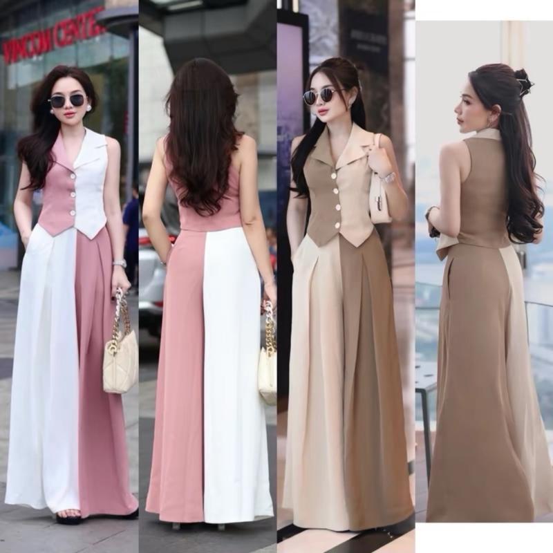 Set Áo Ghi Lê Kèm Quần Ống Rộng Phối 2 Màu Nữ Kem Women Top Ong