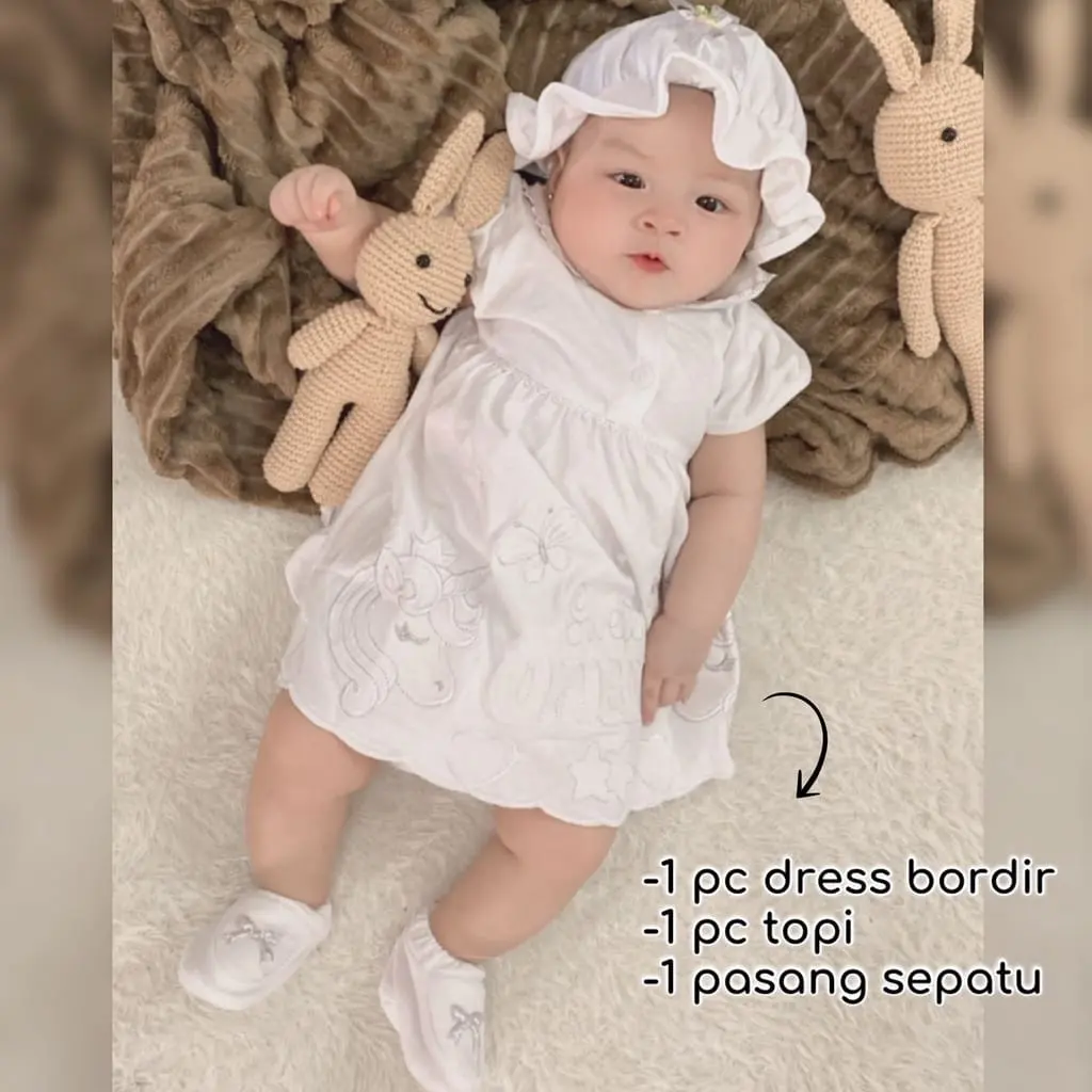 Dress Putih Aqiqah Baptis Anak Bayi Perempuan Usia 0-6 Bulan Lucu Pakaian Baby Girl Newborn Kekinian Pergi Jalan WHITE DRESS