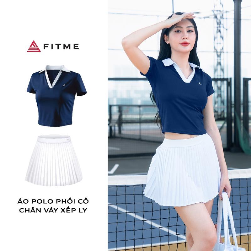 Bộ đồ Pickleball, cầu lông, tennis nữ Fitme áo polo thể thao Xanh Navy cổ Trắng, chân váy xếp ly Trắng có sẵn quần