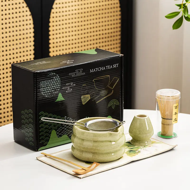 Matcha Whisk Set  Ceramic Matcha Set Includes Matcha Bowl  Matcha Whisk and Holder  Bamboo Scoop  Scoop Rest  Sifter and Tea Towel - Matcha Kit for Matcha Lovers Japanese Style Gift Box