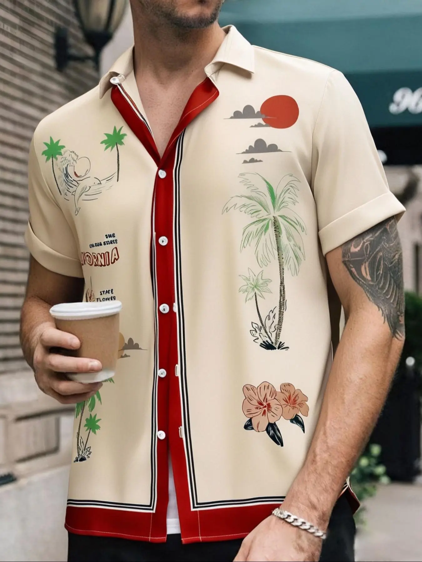 Men's Botanical Coconut Tree Print Short Sleeve Shirt, Regular Fit Holiday Button Front Summer Shirt, Men's Clothing for Beach Vacation