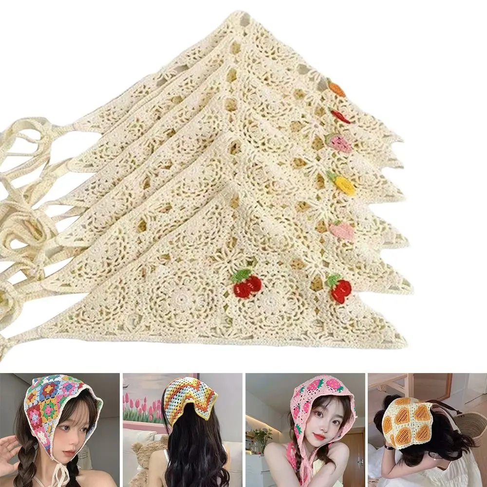 Hand-Crocheted Headscarf Fashion Weaving Cute Hollow Triangle Scarf Knitting Elastic Hair Accessories for Women