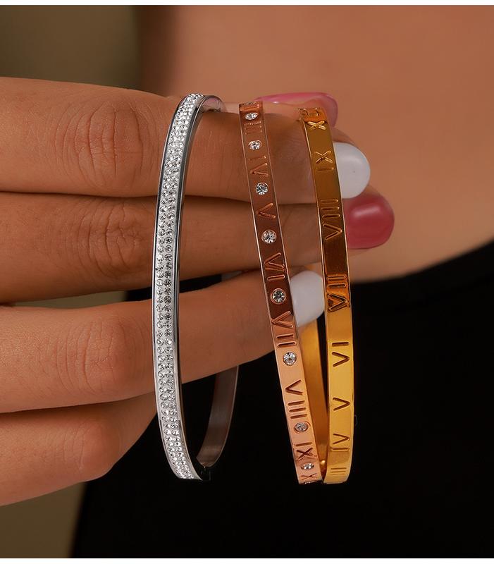 Product Introduction of Vintage niche personality unique simple jewelry carving Roman numeral design diamond titanium steel gold-plated bracelet 2