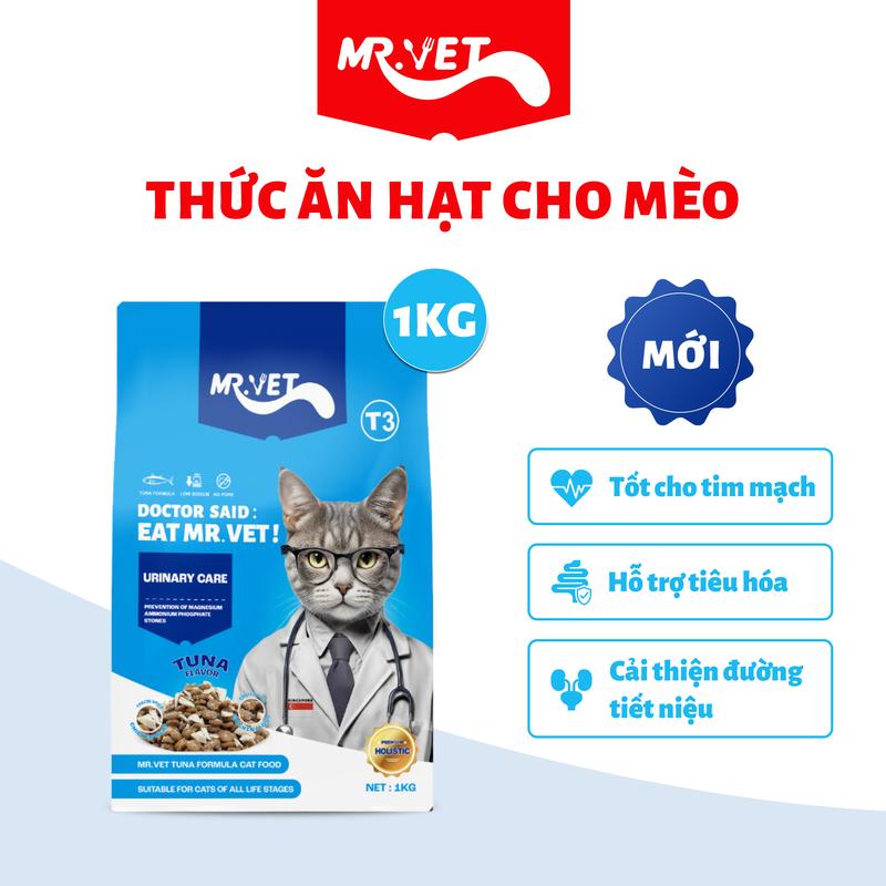 [THỨC ĂN CHO MÈO] Hạt Holistic Mr.Vet Thế hệ T3 Túi 1kg Công thức 4 loại cá Cá ngừ, Cá hồi, Cá cơm, Cá bonito Hỗ trợ sức khỏe tiết niệu cho mèo con, mèo trưởng thành