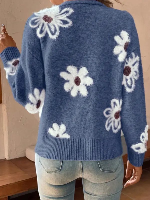 【Plus Size】 Floral Pattern Button Front Longsleeves Cardigan, Elegant Chic Casual Drop Shoulder V Neck Knitwear for Fall & Winter, Women's Plus Clothing for Daily Wear, Knitting Ladies Winter Coat, Womenswear 6