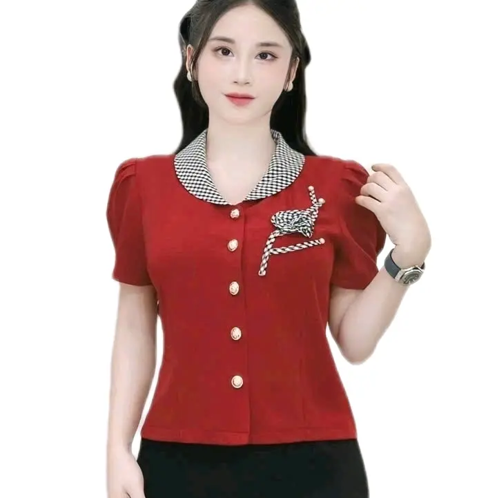 Áo kí giả phối CỔ SAM KẺ. tặng kèm hoa cài ngực - Phong cách trẻ trung và nữ tính - Women, Kem - Sen, Top Sơ Mi 0