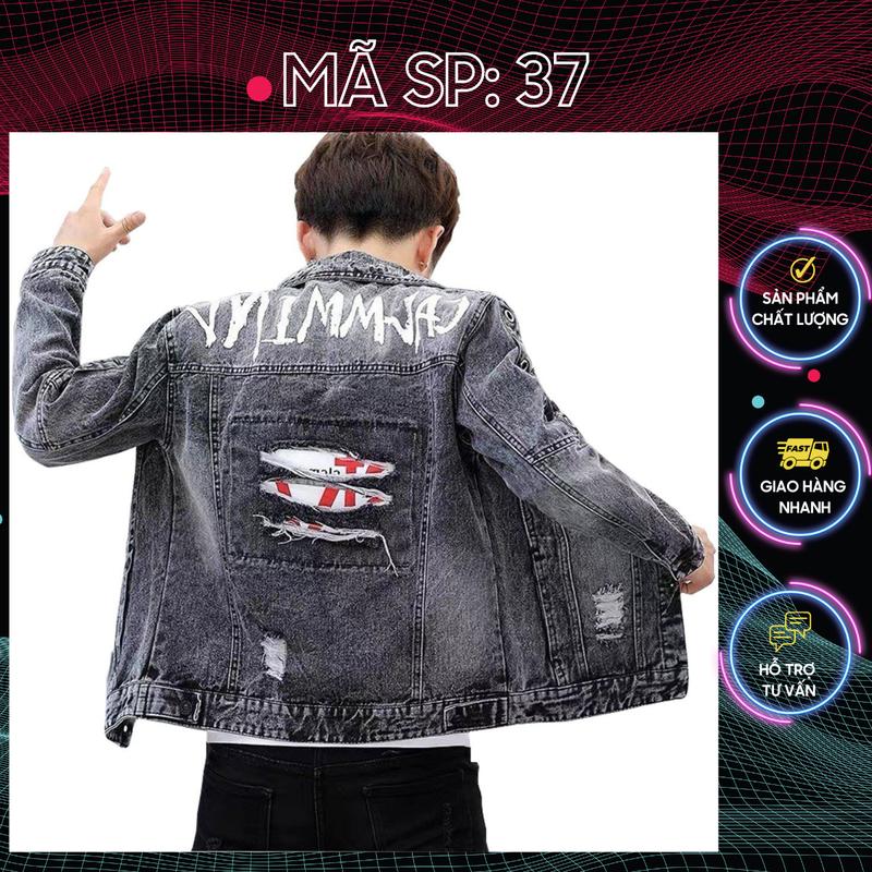 Áo khoác jean nam màu xám đậm rách chất bò co dãn nhẹ AK37 Nhiêu Mẫu Mới Menswear Jacket