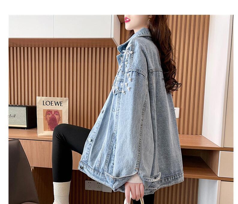 Product Introduction of 2024 Spring and Autumn New Design Heavy Rhinestone Denim Jacket for Women with Turn-down Collar Loose Korean Style Versatile Jacket Top 11