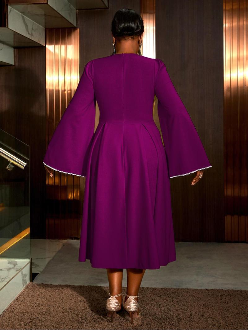 Product Introduction of 【Plus Size】 Faux Pearl Decor Cloak Sleeve A Line Dress, Elegant Long Sleeve Dress for Party Evening Formal Occasions, Women's Clothes for All Seasons 8