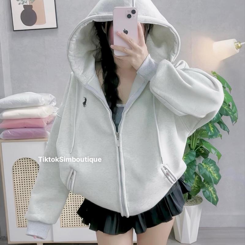 áo hoodie & áo len [FREESHIP] Áo HOODIEZIP Thêu Túi Khoá Kéo, Nón To 2 lớp, Nhiều size Nữ Women Top AK24 khoác Áo Khoác Kem hoodie có thể giặt máy áo hoodie vàng ★ đỏ pocket