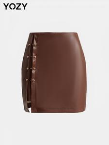 YOZY Women's Solid Color Zipper Back Pu Leather Skirt, Fashion Casual Metallic Button Decora Line Skirt for Daily Outdoor Wear, Ladies Bottoms for All Seasons