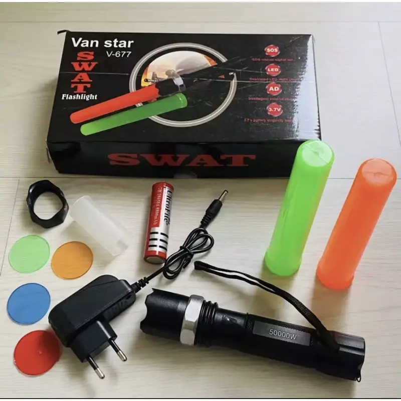 Senter Swat Police Led Flashlight 8008 Baterai Charger lampu Hijau Kuning 1