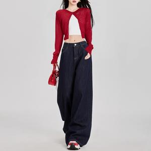 ネイビーワイドレッグジーンズ|小柄な女性のための2025フロアレングスデニムパンツ|アメリカンカジュアル通勤ズボン-GY 829