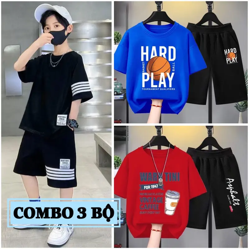 Combo 3 Bộ quần áo bé trai mùa hè size đại từ 17 đến 40kg, chất thun co giãn, mềm mát, phong cách Hàn Quốc cho bé trai từ 5 đến 14 tuổi, dáng quần đùi áo cộc tay thể thao. set đồ 2