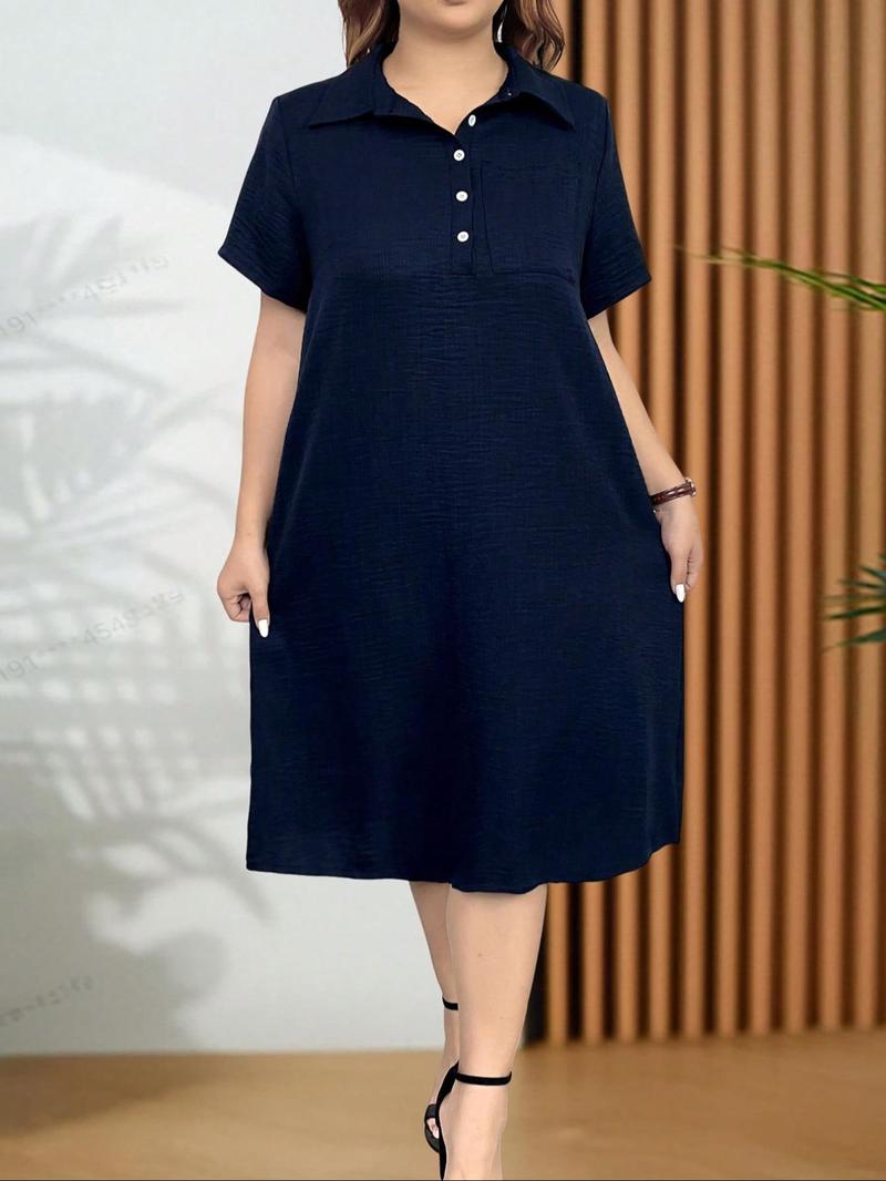 Product Introduction of 【Plus Size】 Women's Solid Button Front Pocket Tee Dress, Casual Short Sleeve Collared Dress for Summer, Women's Clothing for Daily Wear 3
