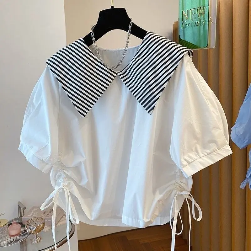 Áo Sơ Mi Phong Cách Preppy, ngắn Tay Cho Bé Gái, Cổ Thủy Thủ, Dáng Rộng Vừa Vặn, Áo Cánh Nông Dân, Có Dây Rút, Thích Hợp Cho Trẻ Em Trung Bình Và Lớn, Hàng Mới Về Mùa Hè 2024