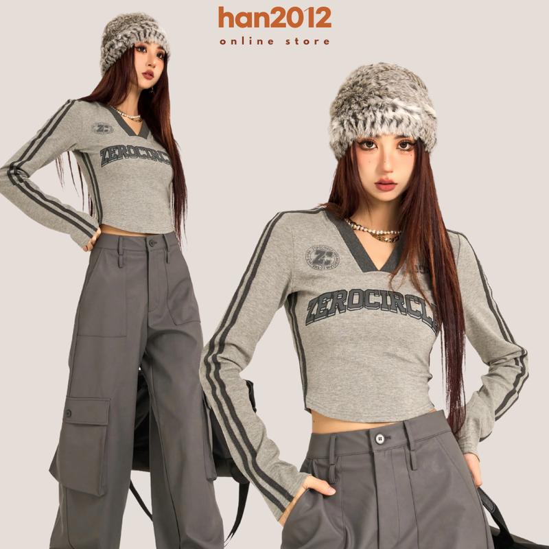 Áo Thun Nữ Cổ Chữ V Dáng Ôm body ZEROCIRCLE Áo Croptop Tay Dài Phối Sọc Cổ Viền Phong Cách Retro Women Shirt Xám Cổ V áonuxinh
