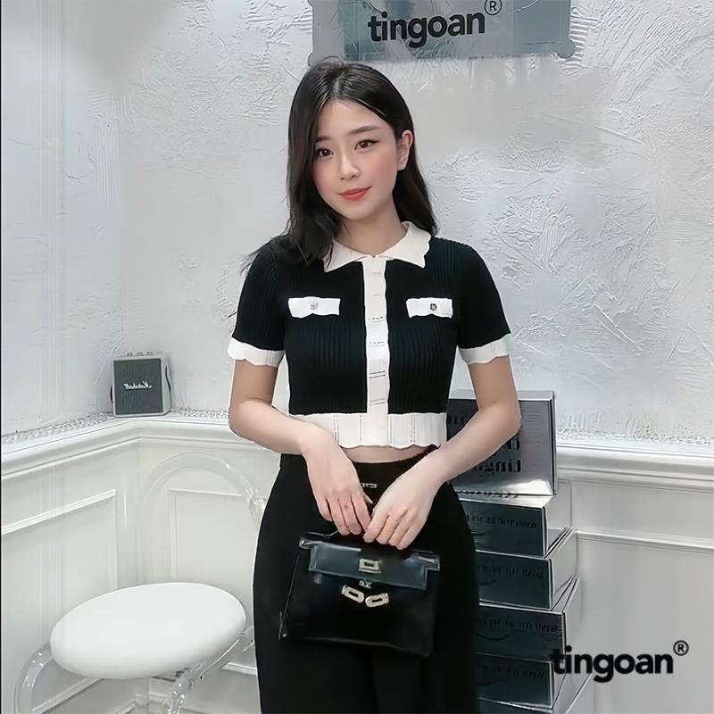 TINGOAN - Áo len vân sợi nm nổi ngắn tay cổ đen viền trắng fg ELLA TOP/BL