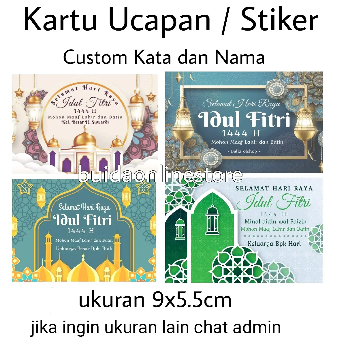 Custom Kata Kalimat Nama Olshop Kartu Ucapan Lebaran Selamat Hari Raya Idul Fitri Marhaban Ya Ramadhan tulisan kata no telp dari keluarga besar stiker label kemasan hampers bingkisan hantaran parcel keranjang dus box kotak paperbag tas mika bag toples