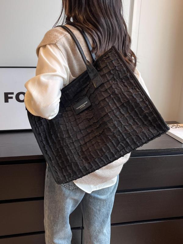 Textured Tote Bag With Zipper, Fashionable Solid Color Large Capacity Casual Shoulder Bag for Women & Girls 6