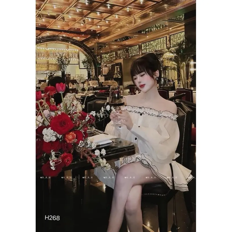 Váy trễ vai bèo viền đen chất tơ xốp dáng bí có quần rời - Nữ - Women - Tre Dress Teheeshop váy  tiệc 2